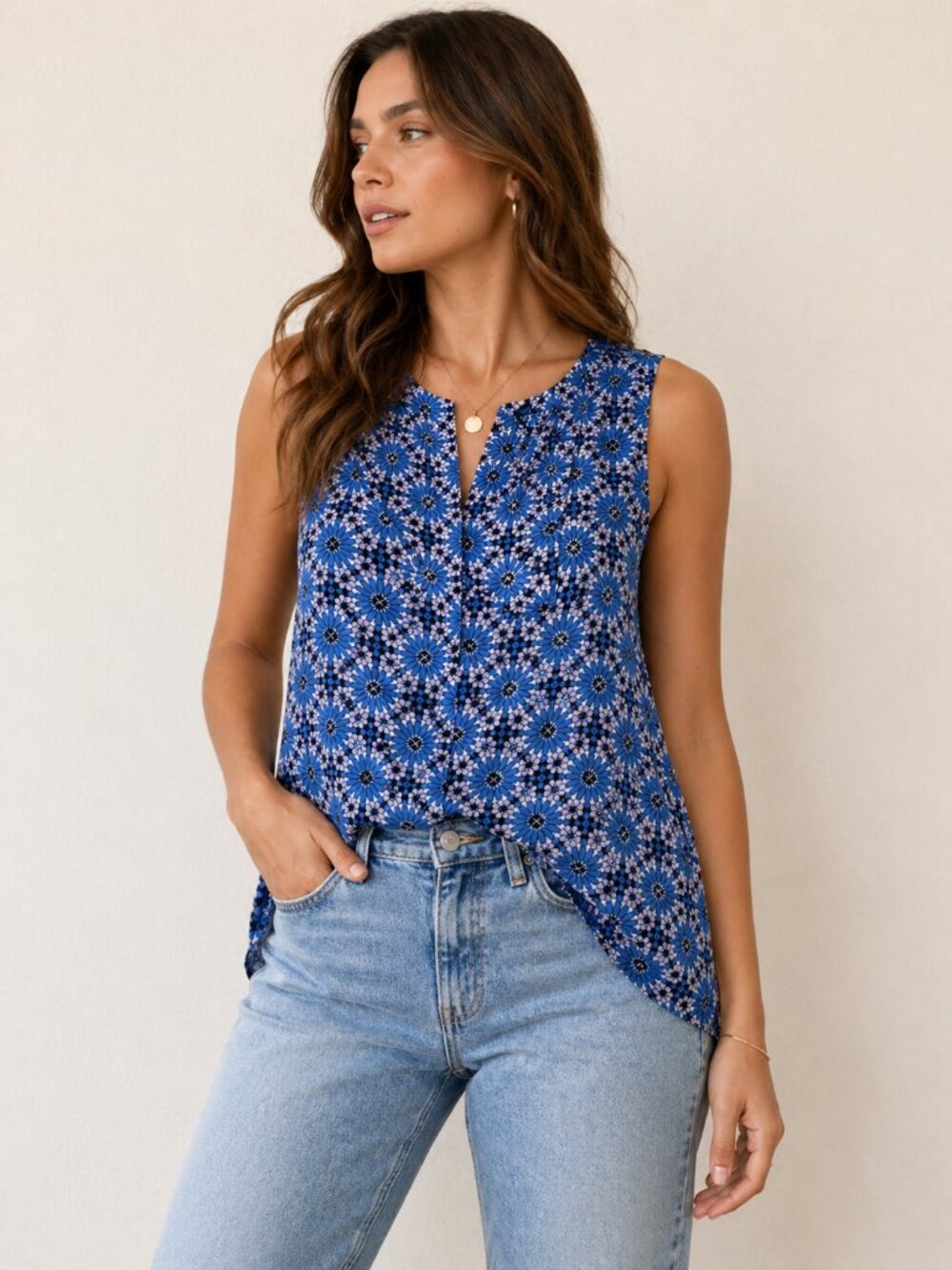 Philosophy Blue Floral Sleeveless Blouse Size S Lightweight Top